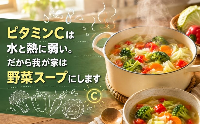 ビタミンCは水と熱に弱い。だから我が家は野菜スープにします